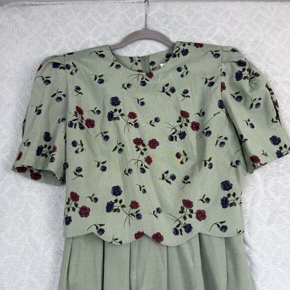 Vtg Puff Sleeve Tea Dress 8 Green Cottage Modest Grandma Prairie Garden 80s 90s - Picture 2 of 15